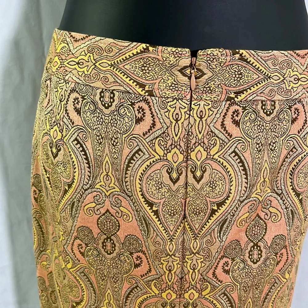Talbots Pink Yellow & Metallic Gold Jacquard Print Silk Blend Pencil Skirt